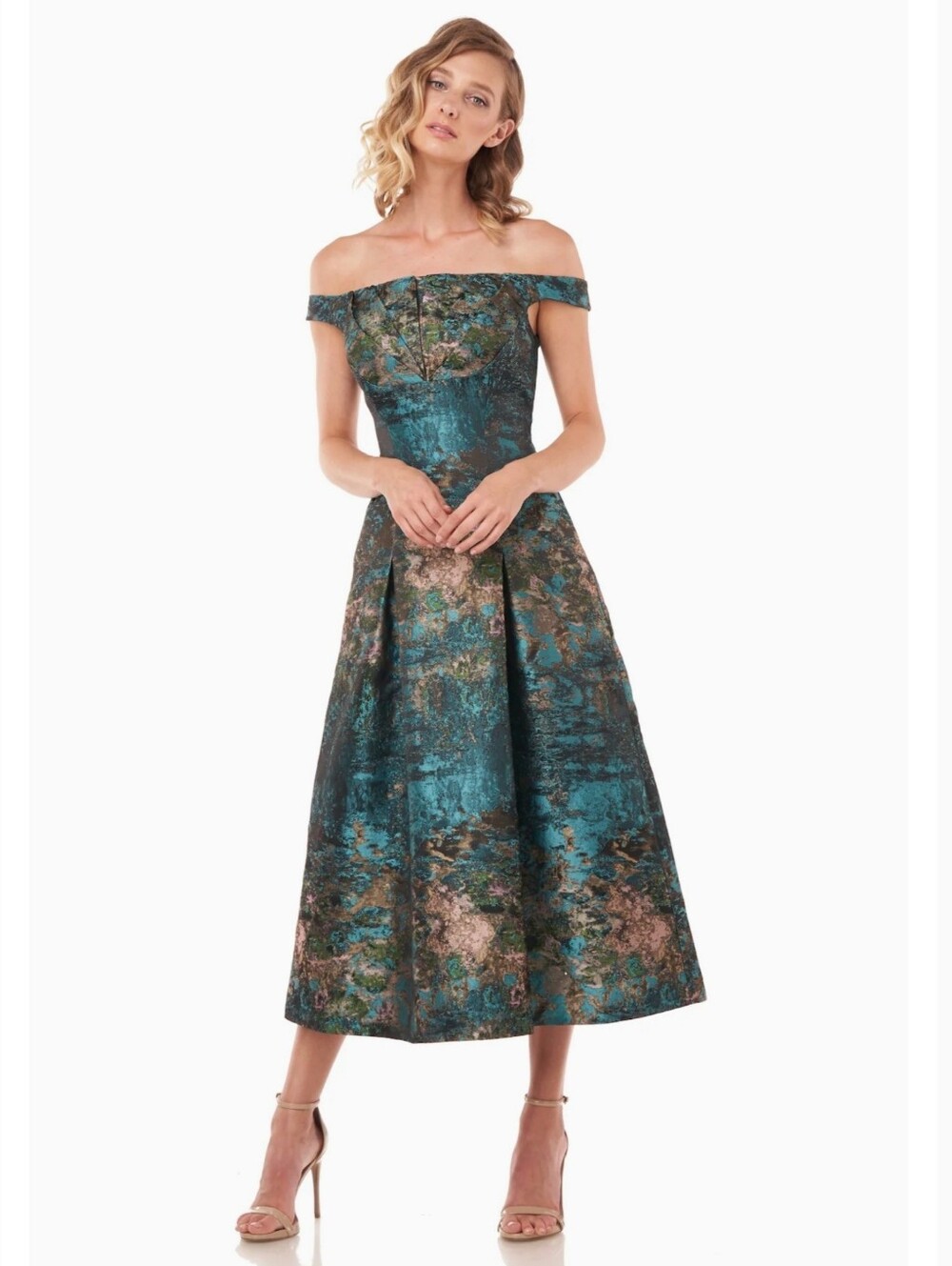 Kay Unger Carina Off-Shoulder Teal Jacquard Midi Dress Sz.16 NWT